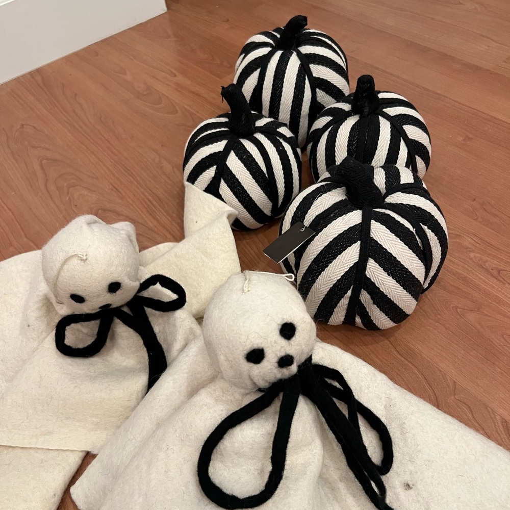 Brand New Black and White Striped Pumpkins and Ghost Decor Set